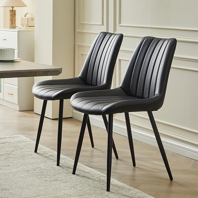 Dining Chairs Set of 6, Faux Leather Modern Linear Design Dining Chair with Metal Legs, 16.9" Seat Width Chair for Kitchen, Lounge, Reception Room, Restaurant, Commercial (Black)