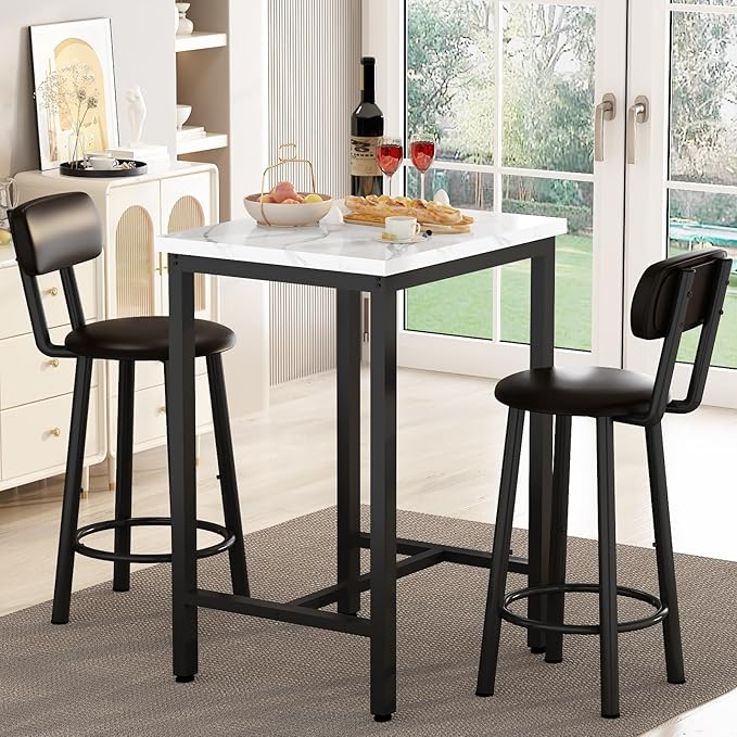 DKLGG Dining Table Set for 2, 24" Square Kitchen Table and Chairs Set with MDF Tabletop & 2 PU Leather Chairs, Bar Pub Dining Set for Small Space Bar Kitchen Living Room Apartment, White