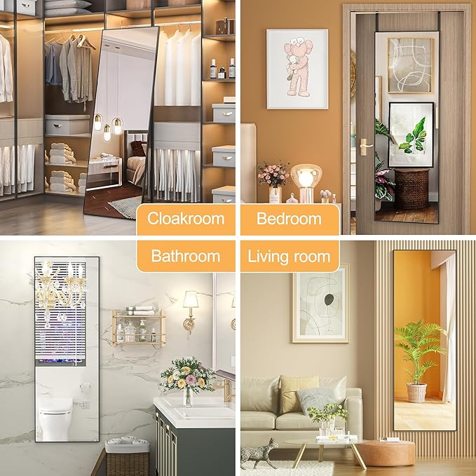Hasipu Door Mirror Full Length, 44"x 16" Full Body Over The Door Hanging Wall Mounted Mirror for Bedroom, Living Room, Cloakroom, Square Black