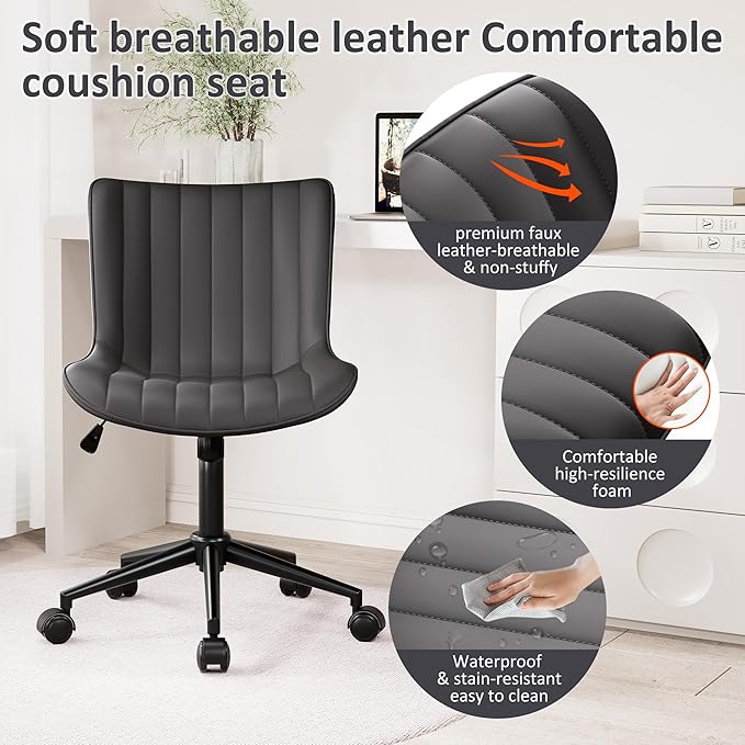 Kidol & Shellder Black Leather Home Office Desk Chair with Wheels Modern Cute Armless Executive Swivel Vanity Chair with Comfy Padded Back Ergonomic Rolling Adjustable Computer Task Chair Small