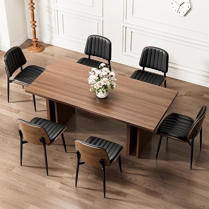 Dining Chairs Set of 8, Mid-Century Modern Upholstered PU Leather Chairs with Walnut Bentwood Back and Metal Legs Adjustable Feet for Kitchen Dining Living Room, Dark Black Vertical Stripes