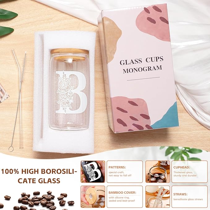 DWTS DANWEITESI Birthday Gifts for Women: Initial Glass Cup as Office Graduation Memorial Holiday Personalized Gifts - for Husband Aunt Uncle Teen Boy Employee Coworkers Him and Her - B Aesthetic Cup