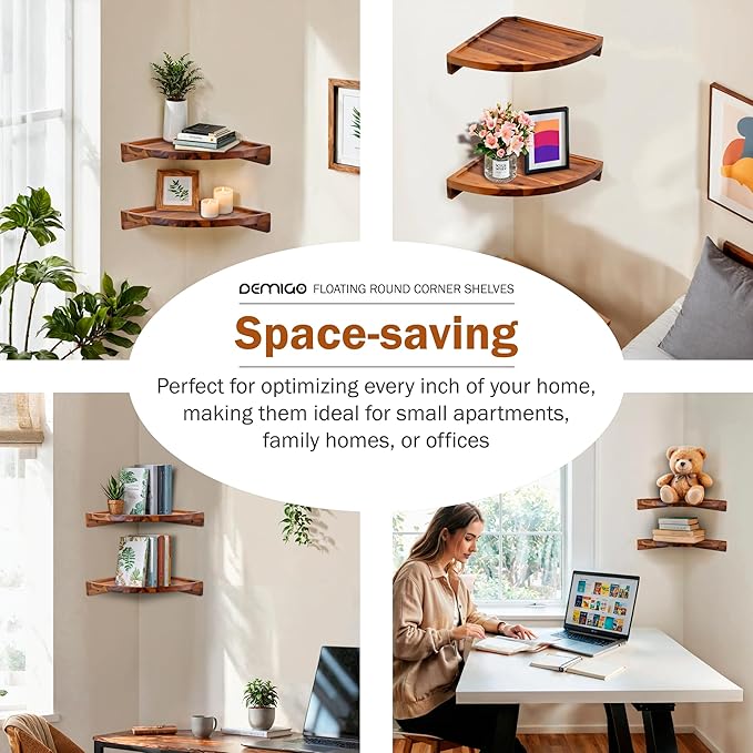 Demigo Floating Round Corner Shelves for Wall 2pcs - Acacia Wood Wall-Mounted Storage Shelves for Home Decor, Space Saving Displays for Living Room, Kitchen, Office, and Bedroom (Natural Brown)