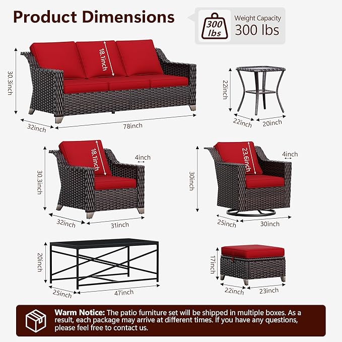 9 Pieces Wicker Patio Furniture, Luxury Outdoor Furniture with 2 Patio Swivel Chair, 2 Chair, 3-Seater Sofa, 2 Ottoman, 1 Coffee Table and 1 Side Table, Wide Armrest, Thickened Cushions