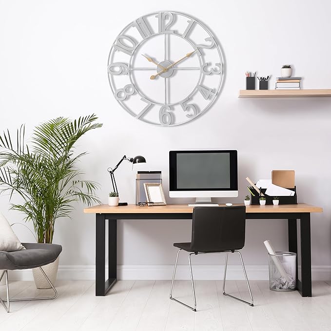 Sorbus 24-Inch Large Wall Clock – Decorative Silver Metal Clock with Gold Hands – Silent, Battery Operated, Modern Wall Decor for Living Room, Kitchen, or Office, Great Gift for Housewarming or Office