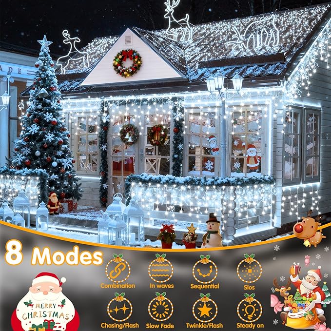 Hezbjiti 2Pack Total 800LED Ice Lights 33FT Christmas Lights String Lights Outdoor Decoration 8 Modes 150 Drops Fairy Lights for Eaves Party Yard Garden Xmas Decor（Cold White）