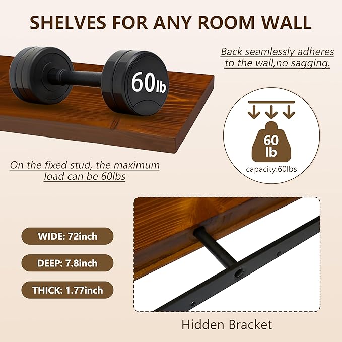 foxsky 72 Inch Solid Pine Wood Floating Shelves for Wall with Hidden Brackets, Rustic Farmhouse Wall Mounted Shelf for Bathroom, Living Room, Bedroom, Kitchen, Office Decor (Walnut)