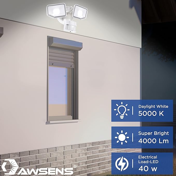 40W LED Security Lights Motion Sensor Light Outdoor, 180 Degree, 4000 LM, 5000 K, ETL Water Resistant, Clear 2 Head Motion Detector Flood Light for Garage, Yard (White)