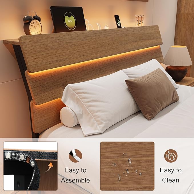 Queen Floating Bed Frame with Charging Station, Led Bed Frame with Wood Storage Headboard, Heavy Duty Metal Slats, No Box Spring Needed, Noise Free, Easy Assembly, Walnut