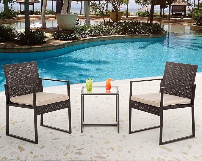 FDW 3 Pieces Outdoor Patio Furniture Wicker Bistro Rattan Chair Conversation Sets for Yard Lawn Balcony Poolside Backyard,Black