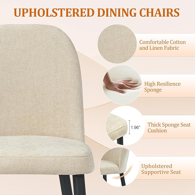 Upholstered Dining Chairs Set of 2, Mid Century Modern Fabric Dining Room Chair High-Back Padded Kitchen Chairs with Padded Seat and Metal Legs for Kitchen Dining Room Restaurant Cafe, Beige
