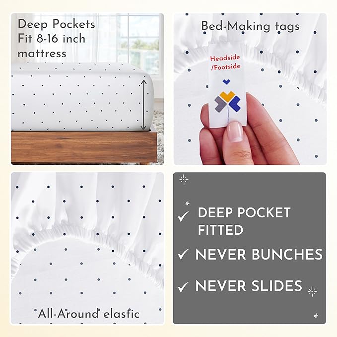 California Design Den Printed King Size Sheets Set - Luxury 400 Thread Count Sateen, Natural 100% Cotton Sheets, Deep Pockets, Cooling and Durable Bedding Set - Polka Dot
