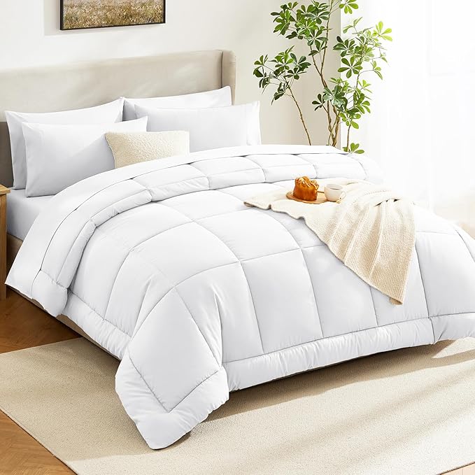 CozyLux Twin XL Comforter Set White, 5 Pieces Twin Extra Long Bed in a Bag for College Dorm, All Season Bedding Set with Stitch Quilted Comforter, Flat Sheet, Fitted Sheet, Pillowcases