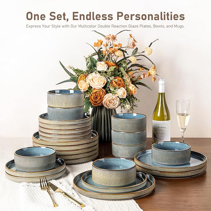 GBHOME Stoneware Dinnerware Sets for 8,Round Reactive Glaze Ceramic Plates and Bowls Set,Highly Scratch Resistant| Dishwasher & Microwave Safe Dishes Set,Service for 8(24pcs)