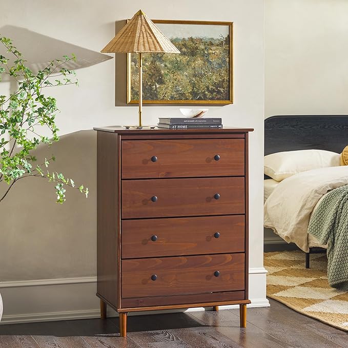 Walker Edison Modern Tall 4-Drawer Solid Wood Dresser Bedroom Storage Drawer Organizer Closet Hallway, 40 Inch, Walnut