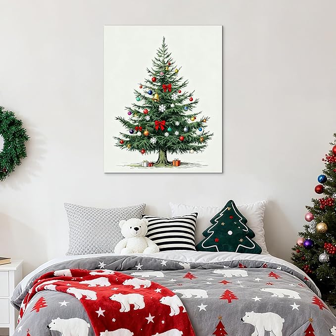 Framed Christmas Pictures Wall Decor,Vintage Pine Tree Prints,Winter Christmas Canvas Wall Art Decoration for Bedroom Bathroom Living Room Rustic Xmas Holiday Gifts (Christmas Tree 8, 24'' X 36'')