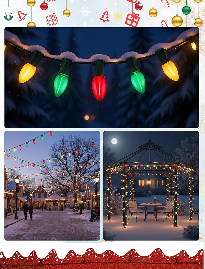 C7 LED Christmas Lights Outdoor,25ft LED Clear Red White Green Christmas Lights with 27 LED Bulbs(2 Spare),Connectable Christmas Decorations Light for Indoor Outdoor Home Party Garden Yard