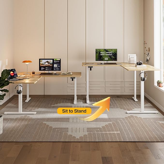 Grandder 63 x 55 Inch L Shaped Standing Desk, Electric Height Adjustable Corner Stand Up Desk, Sit Stand Corner Table Home Office Table, Oak Top White Frame