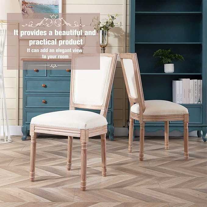 Nrizc Farmhouse Dining Room Chairs Set of 2, French Dining Chairs with Square Back, Brown Wood Legs, French Bistro Chairs for Dining Room/Living Room/Kitchen/Restaurant, Beige