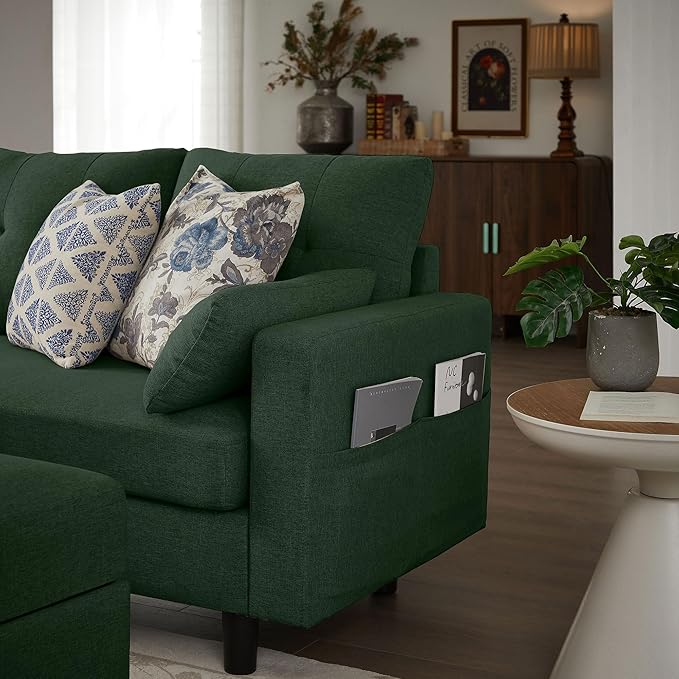 101" Convertible Sectional Sofa, Modern Linen Fabric U-Shaped Couch with 2 Storage Ottomans and Storage Pocket, 4 Seat Sofa Couches for Living Room, Apartment, Office, Green