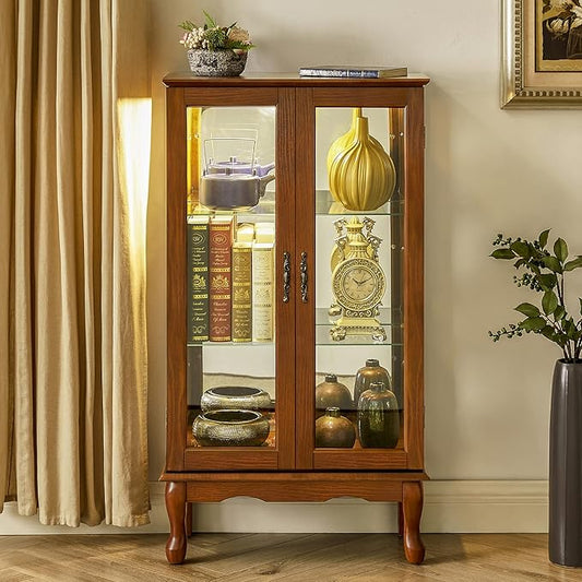Goujxcy Lighted Curio Cabinet, Modern Floor Standing Glass Curio Cabinet Display Case Cabinet with Adjustable Shelves, Mirrored Back Panel and Tempered Glass Doors for Home/Office (Oak)