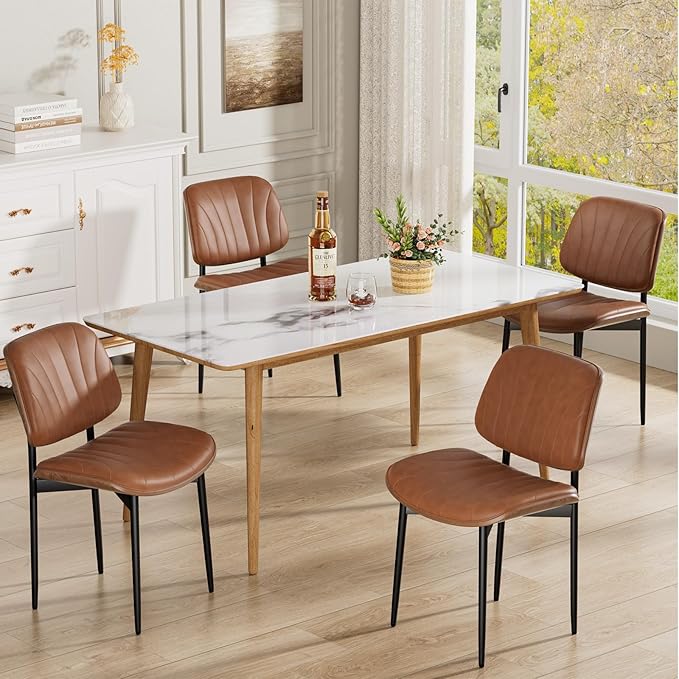 Dining Chairs Set of 2, Mid-Century Modern Upholstered PU Leather Chairs with Walnut Bentwood Back and Metal Legs Adjustable Feet for Kitchen Dining Room, Camel Shell Strips