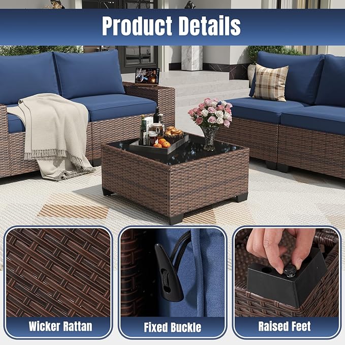 Aoxun 6 Pieces Patio Furniture Set Wicker Rattan Outdoor Sectional Conversation Set with Coffee Table and 4” Thickened Cushions, Blue (Waterproof Cover Included)