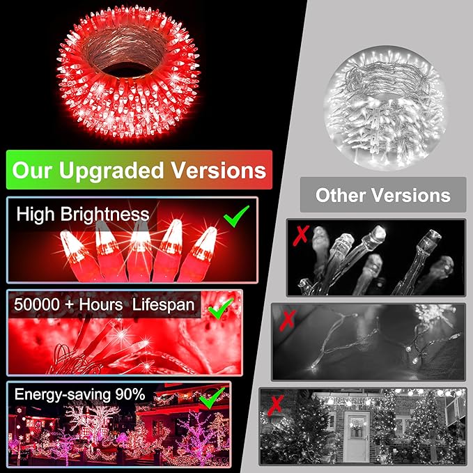 1500 LED Christmas Lights - Outdoor Use, 492ft Fairy Lights with 8 Modes, IP44 Waterproof for Xmas Patio, Yard, Fence, Deck, Balcony, Garden Decor in Red