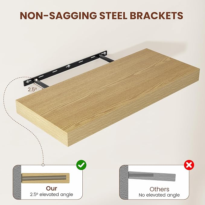 Vivelove 12 Inch Deep Floating Shelves 24 inch Long, 24 x 12 Wide Wall Shelves with Invisible Brackets, Shelf for Bedroom Bathroom Living Room Kitchen Office Home Decor, Modern Shelf Set of 2, Oak