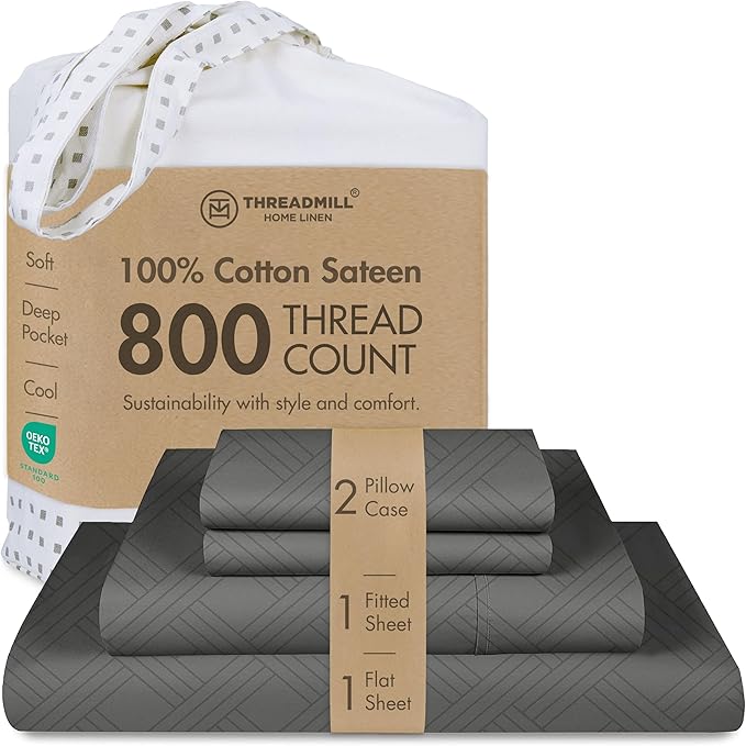 Threadmill Luxury 100% Cotton Queen Bed-Sheets - 800 Thread Count Jacquard Celine Dark Grey, Better Than Egyptian Cotton,4 Pc Striped Bed Set, Damask Sheets with Elasticized Deep Pocket