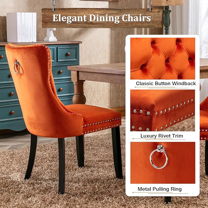 Goujxcy 78.7" Farmhouse Extendable Dining Room Table Set for 4, 5-Piece Rectangle Kitchen Dining Room Table Set with Wood Base and 4 Orange Velvet Dining Chairs, Extending Kitchen & Dining Table Set
