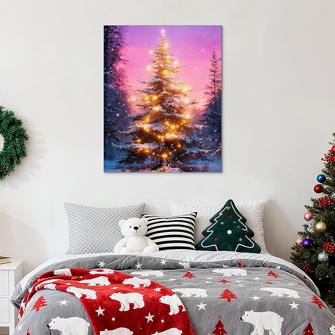 Framed Christmas Pictures Wall Decor,Vintage Pine Tree Prints,Winter Christmas Canvas Wall Art Decoration for Bedroom Bathroom Living Room Rustic Xmas Holiday Gifts (Christmas Tree 18, 11'' X 14'')