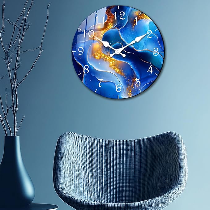 Marble Texture Wooden Wall Clock – Modern Blue Wall-Clocks Battery Operated Silent Sweep Movement 12 Inch Round Clock for Office Decor
