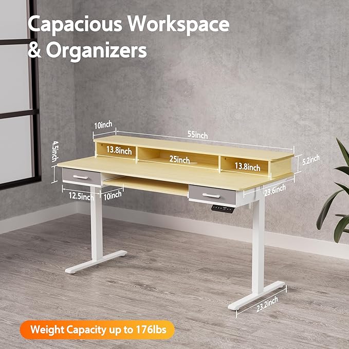 55 Inches Electric Standing Desk with Keyboard Tray, Height Adjustable Sit to Stand Table with 2 Drawers, Ergonomic Home Office Desk with Storage Shelf, Computer Table, Oak