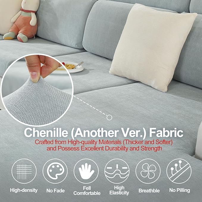 Chaise Cushion Cover for Sectional Sofa, Softer Chenille Sofa Cover for L Shaped Couch (Left or Right Facing), Stretch Chaise Couch Slipcover (Only 1 Piece, Light Grey)