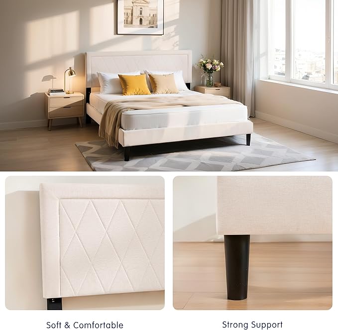 Hokway Bed Frame Upholstered Platform Bed with Headboard Wooden Slat Support No Box Spring Needed(Full, Soft Beige)