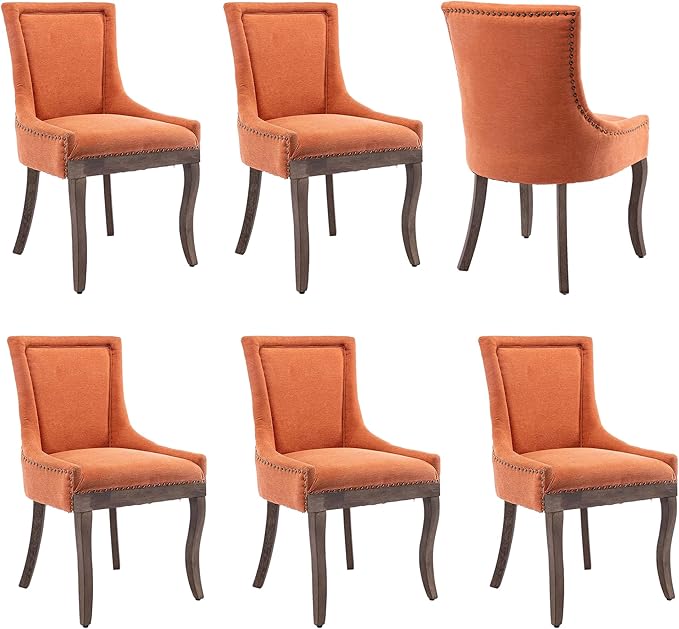 Farmhouse Dining Chairs Set of 6, Upholstered Fabric Dining Room Accent Chairs with Wood Legs & Bronze Nailhead, High Wingback Kitchen Chairs for Living Room Hotel Apartment, Orange