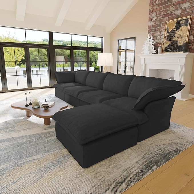 WJShome 162.98" Cloud Modular Sectional Sofa, L Shaped Couch Filled with Down, Minimalist Wide Deep Seat Couches for Living Room Apartment Lounge Bedroom (Black 4 Seater+1 Ottoman)