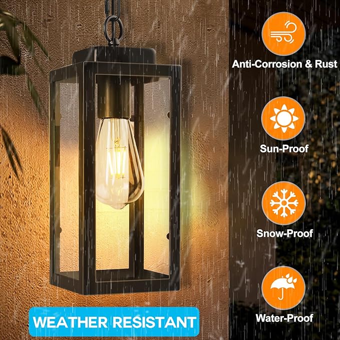 Outdoor Pendant Light, 11" Porch lights Outdoor Chandelier Hanging Ceiling Lights, Black Aluminum Lightshade with Tempered Glass, Exterior Lighting Fixture for Porch Yard Gazebo, 1 Pack, No Sensor