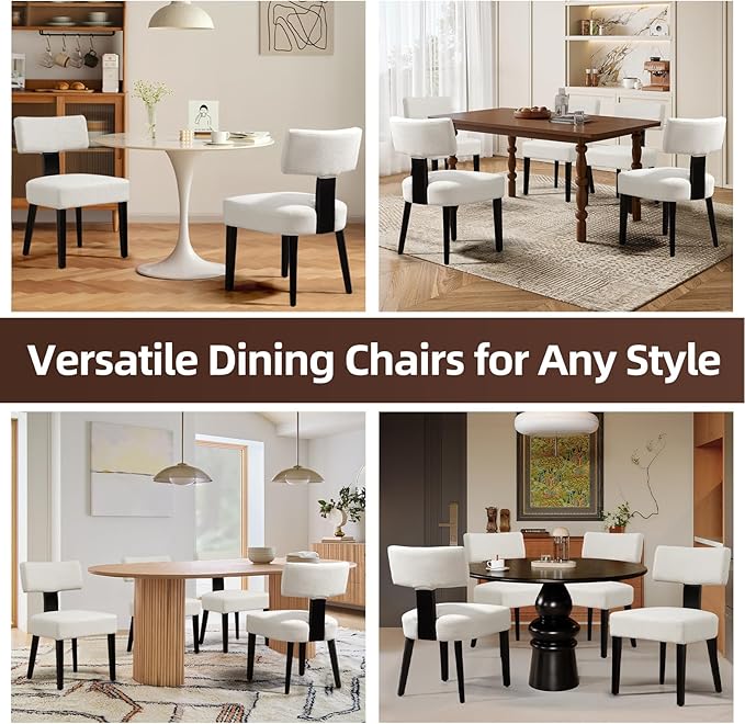 Dining Chairs Set of 4, Fabric Upholstered Wood Kitchen Chairs, Armless Linen Curved Backrest Accent Chair Farmhouse Modern Dining Chairs with Foot Pad for Kitchen/Living Room/Restaurant/Cafe-Beige