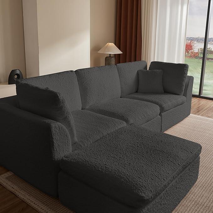 Cilee 110" Modular Sectional Sofa, Cloud Couch with Deep Seat, L-Shape Boneless Sofa, 3 Seat Memory Foam Sofa, No Assembly Required, Upholstered Couch for Living Room, Movable Ottoman, Chenille, Gray
