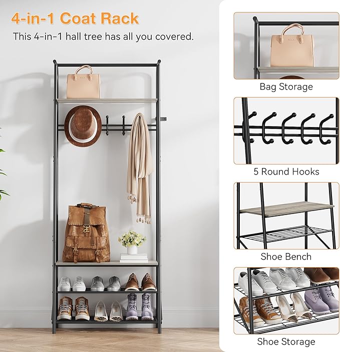 MDF Hall Tree with Bench, 4-in-1 Entryway Coat Rack with Storage Shelf & Shoe Organizer, Sturdy Freestanding Furniture for Living Room, Bedroom, Mudroom