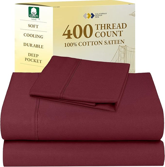 California Design Den Twin Sheets Set - Soft 400 Thread Count Sateen, Natural 100% Cotton Sheets with Deep Pockets, Cooling and Durable Bedding Set - Burgundy Red