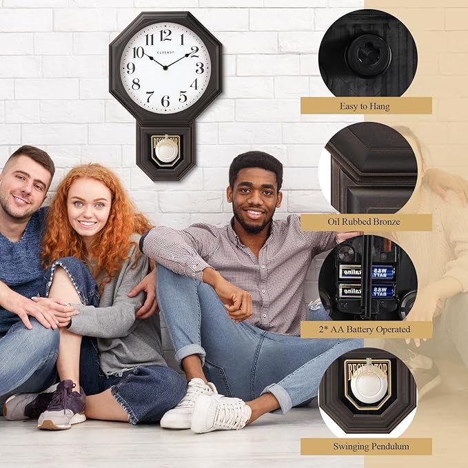 CLXEAST Pendulum Wall Clocks for Living Room Decor, Large Schoolhouse Regulator Clock with Pendulum,Oil Rubbed Bronze Black Plastic,House Warming Gifts New Home,12" W x 17" H
