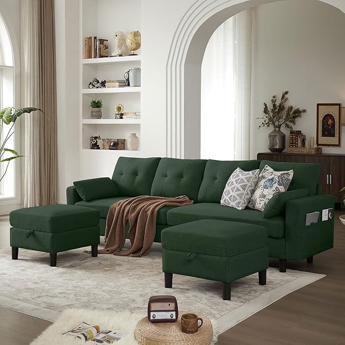 101" Convertible Sectional Sofa, Modern Linen Fabric U-Shaped Couch with 2 Storage Ottomans and Storage Pocket, 4 Seat Sofa Couches for Living Room, Apartment, Office, Green