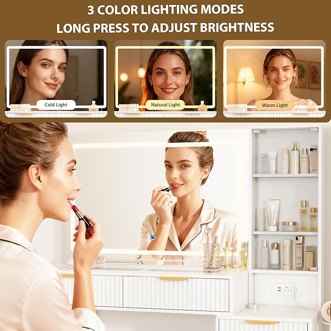 GarveeHome Fluted Makeup Vanity Desk with Lights, 48 in Big Vanity with Glass Top and Large 36" HD Lighted Mirror, Modern Dressing Table with 5 Drawers 3-Tier Shelves Set w/Charging Station (White)