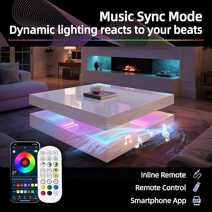 LED Coffee Table for Living Room, 2-Tier Modern Square Center Table with Music Sync Lights, High Gloss Surface, 30 3/4" x 30 3/4" (White)
