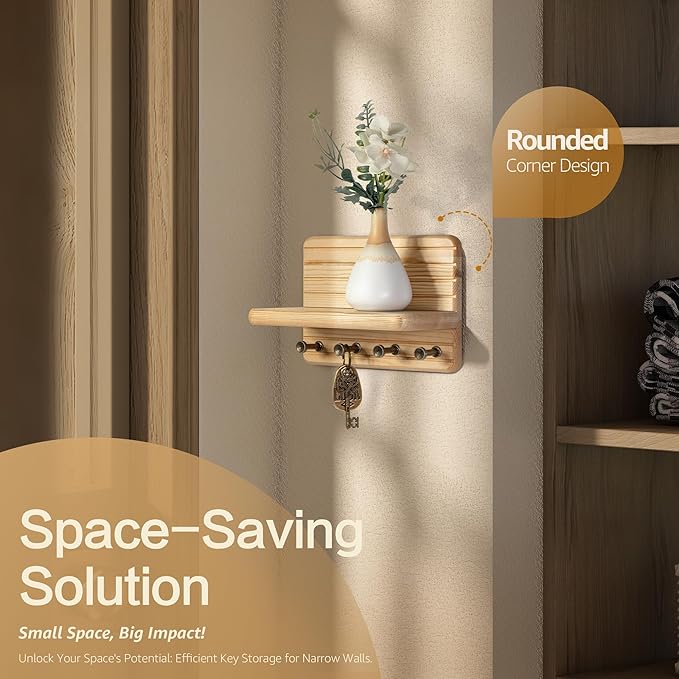 Rebee Vision Small Key Holder Wall Mount for Home Organization – Decorative 7-inch Pine Wooden Key Holder for Wall with 4 Hooks & Floating Shelf - Stylish Home Decor Solution (Natural Wood)