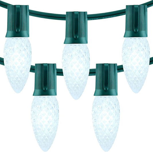 YULETIME Cool White C9 LED Christmas Lights, 25 Feet 25 Count 12" Spacing Faceted Strawberry Bulbs UL Certified Outdoor String Light Set (Cool White)