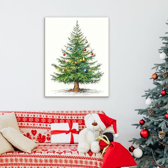 Framed Christmas Pictures Wall Decor,Vintage Pine Tree Prints,Winter Christmas Canvas Wall Art Decoration for Bedroom Bathroom Living Room Rustic Xmas Holiday Gifts (Christmas Tree 4, 12'' X 16'')